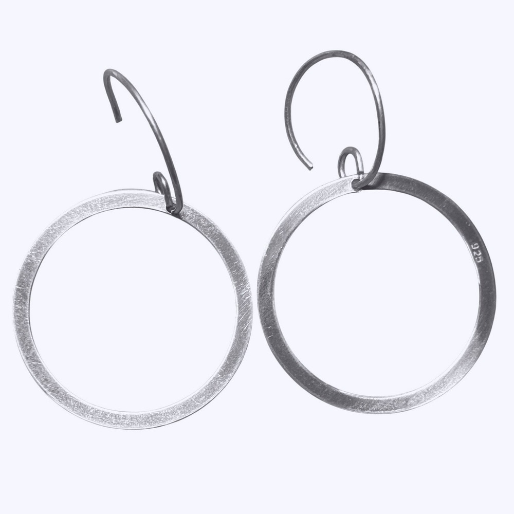 Sterling Silver 925 Flat Round‎ Hoop Dangle Earrings Minimalist Hook